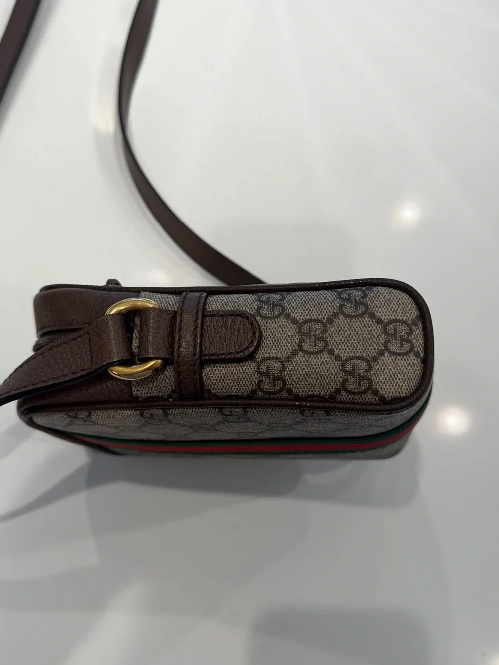 Gucci Beige/Brown GG Supreme Crossbody with Green-Red Web